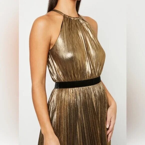 NWT BCBG MaxAzria Starling Gown in Gold Metallic Pleated Halter Maxi Dress S - Picture 8 of 10